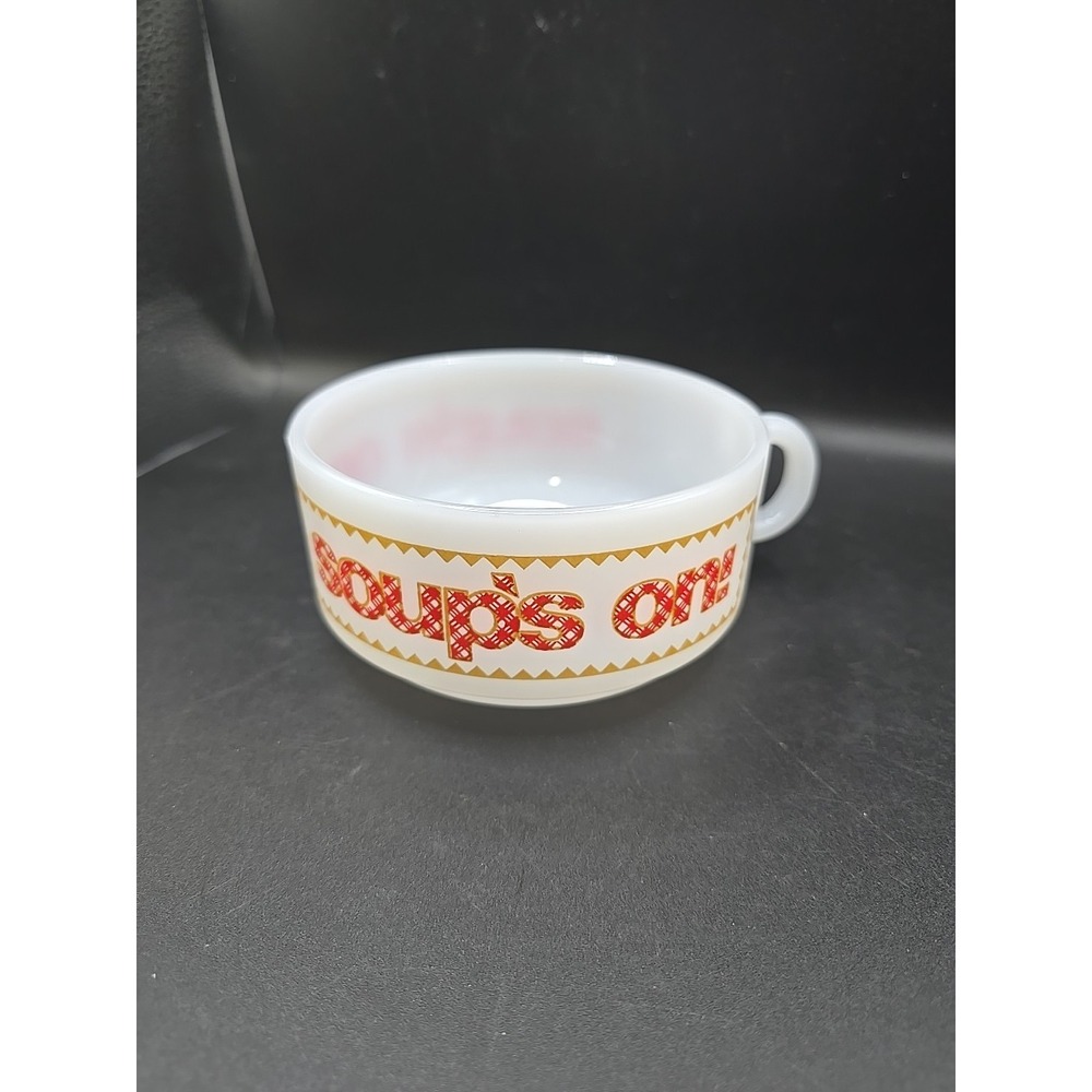 VTG Glasbake Soup Mug J 2711 Soups On Handle USA Made Milk Glass